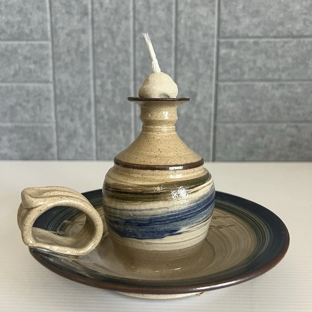 Vintage Studio Art Pottery Oil Lamp With Wick & Ball Candle Holder Signed